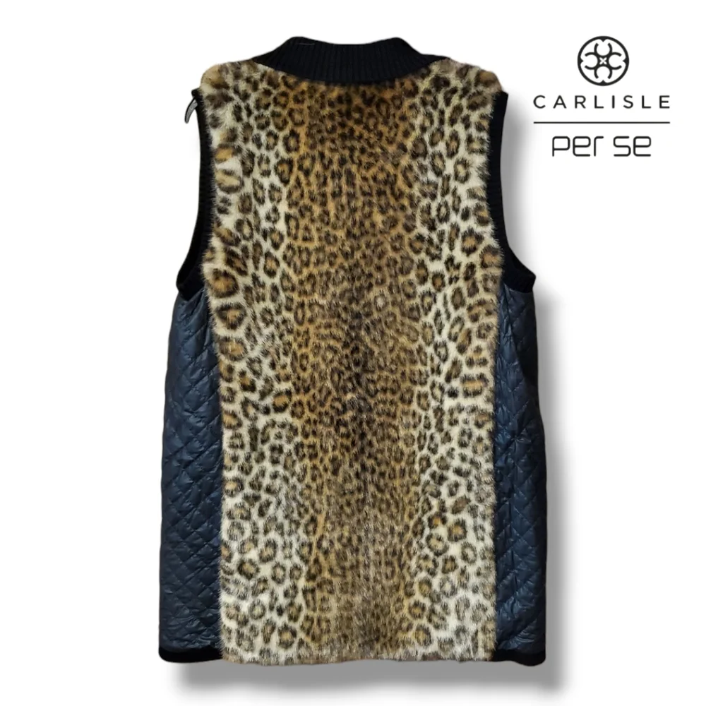 Per Se Carlisle Collection Faux Fur Leopard Print Vest with Zippered Pockets - Picture 2 of 10